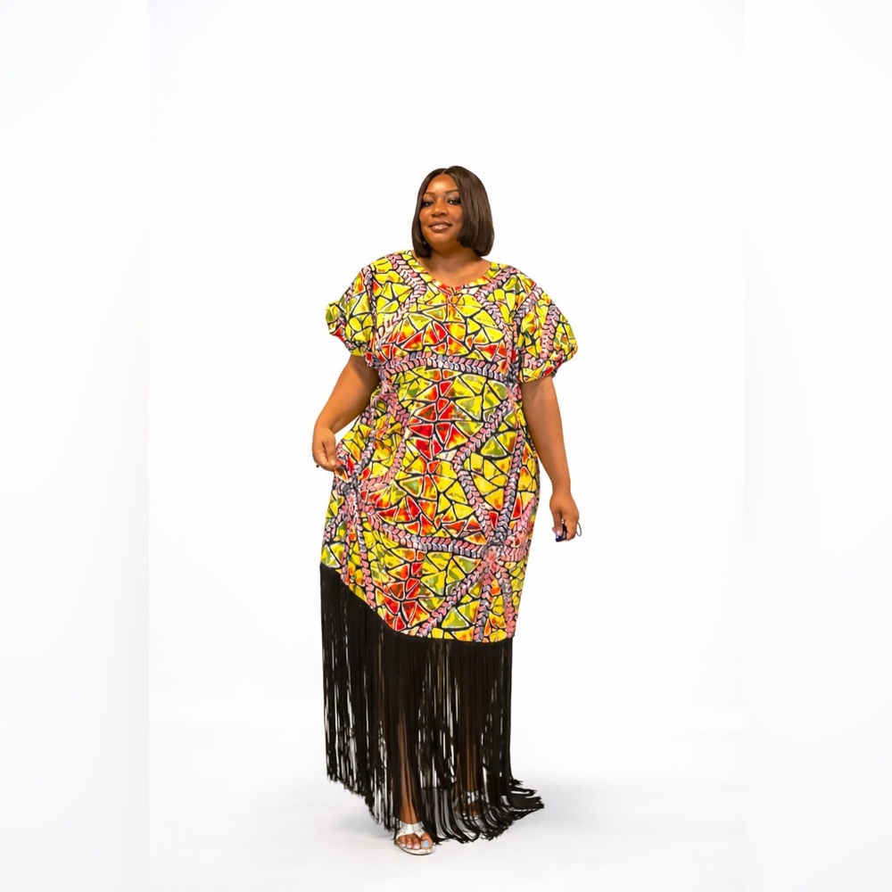 Vibrant Geometric Dress with Fringe